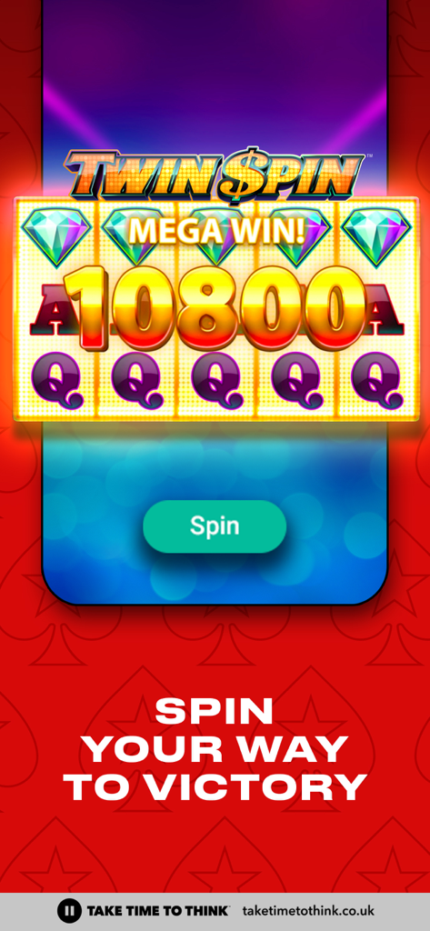 PokerStars Play Money Poker - Ein Screenshot der Twin Spin Slot Machine in PokerStars Play, der einen Mega Win von 10800 Chips mit Diamantsymbolen zeigt.