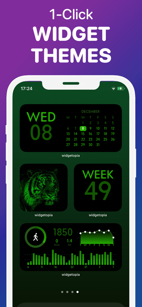 iPhone home screen displaying a unified green aesthetic widget theme for calendar and health tracking