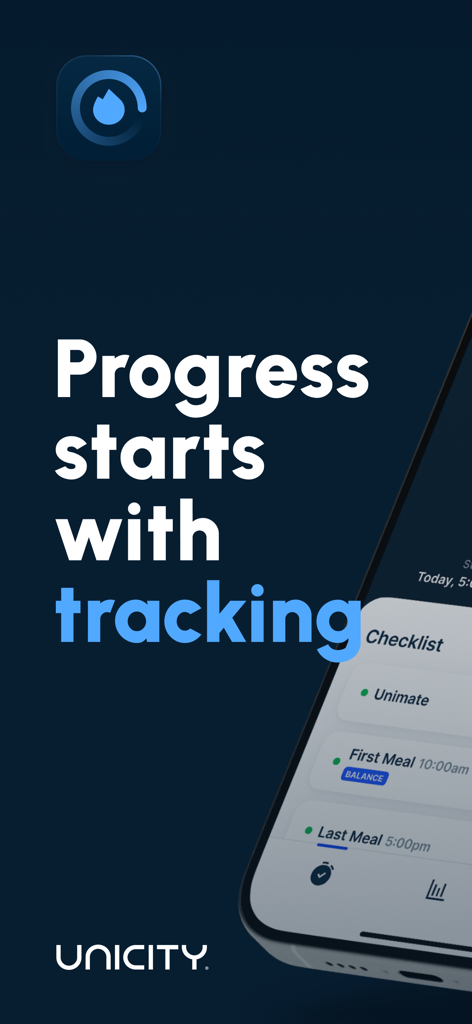 Feel Great fasting coach app display showing a daily habit checklist for Unimate and meals with the headline Progress starts with tracking