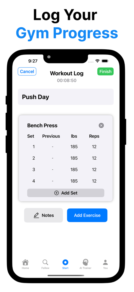 Spartan Gym Social Workout Log - Spartan Gym app interface showing a workout log for bench press with sets and reps