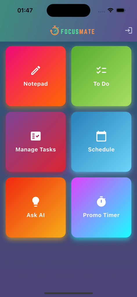 Focus Mate app home screen featuring a colorful grid of tiles for Notepad, To Do, Manage Tasks, Schedule, Ask AI, and Pomodoro Timer.