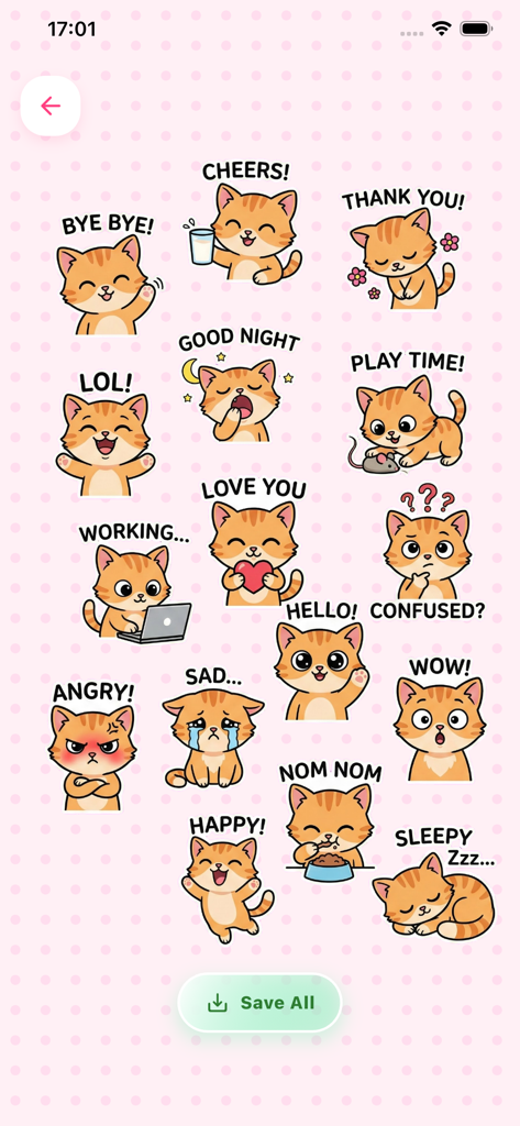 AI Sticker Maker - Uma coleção de adesivos de gatos de desenho animado fofos com várias expressões e legendas de texto no aplicativo AI Sticker Maker