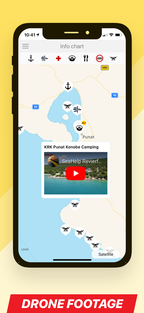 SeaHelp - SeaHelp app navigation screen showing a nautical chart with drone footage locations and local points of interest