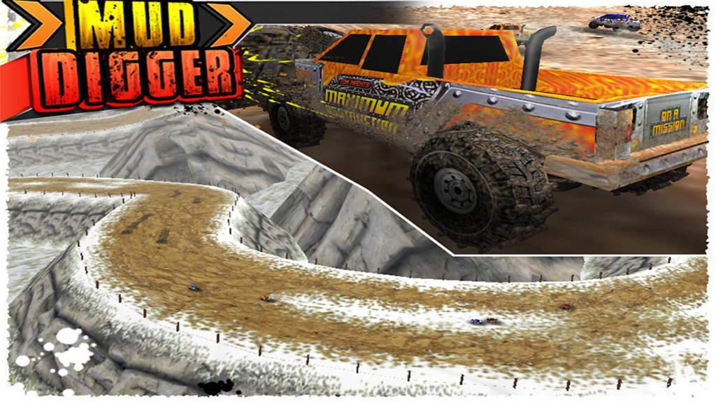 Mud Digger simulator racing game screenshot showing a monster truck and a winding mountain dirt track