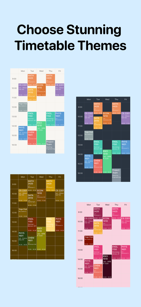 Timetable - Class Schedules - Timetableアプリのクラススケジュールの4つの異なるカラーテーマ