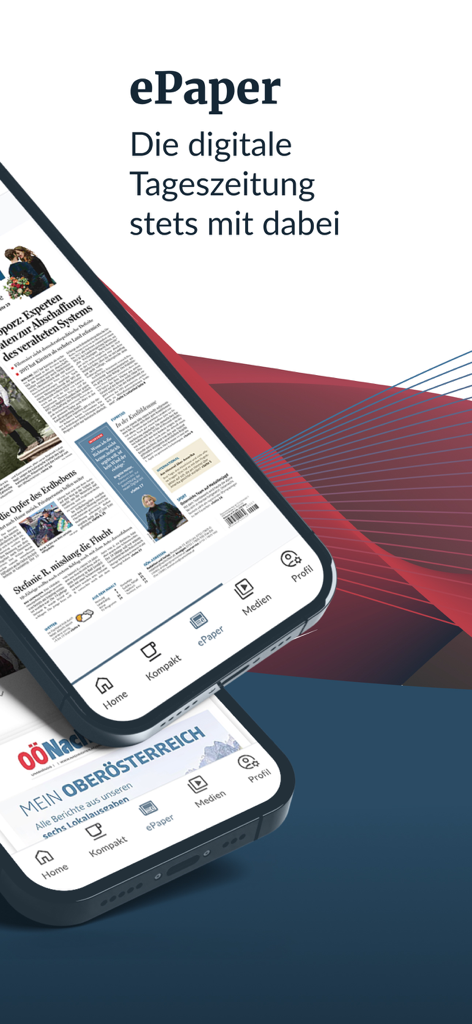 Zwei Smartphones zeigen die OONachrichten-App mit ePaper und regionalen Nachrichtenfunktionen