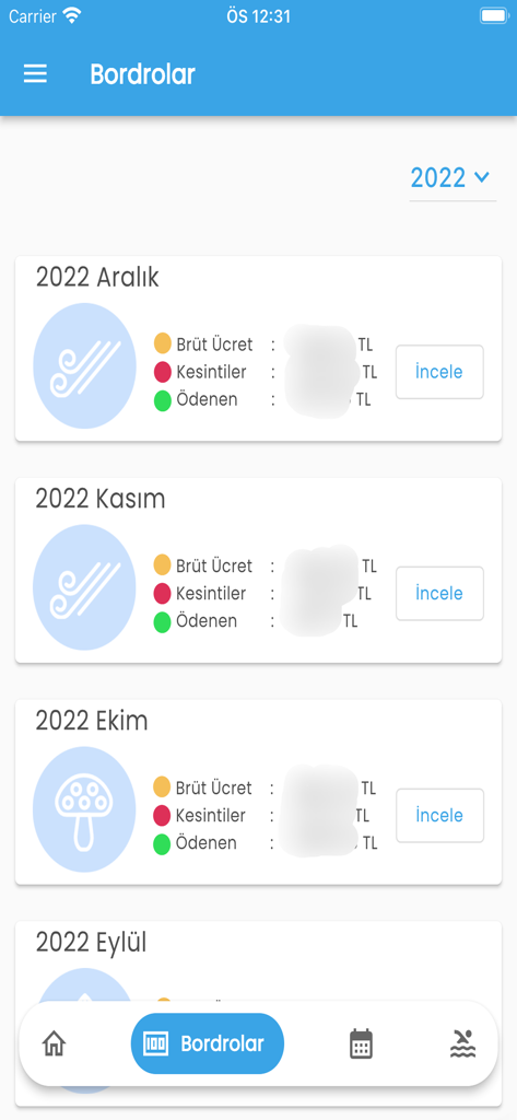 Interfaz de la aplicación móvil que muestra una lista de comprobantes de pago mensuales con salario bruto y neto para trabajadores del sector público turco