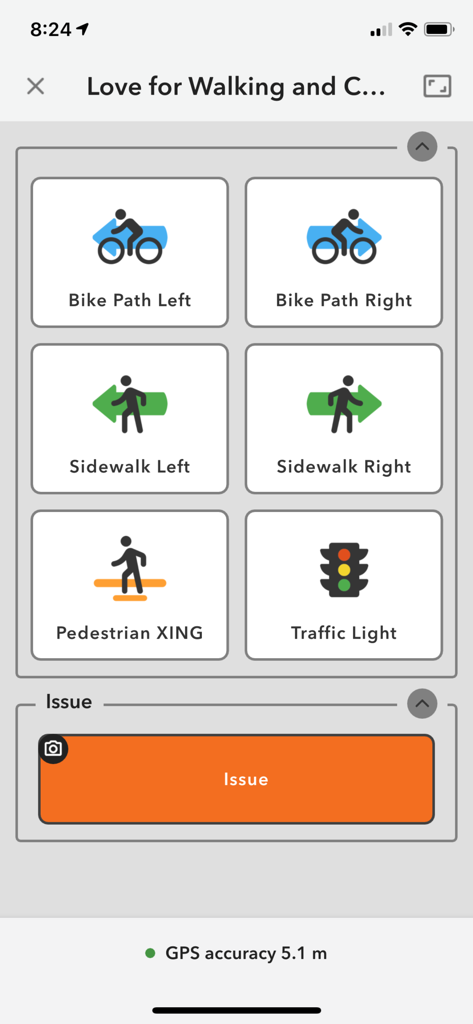 ArcGIS QuickCapture mobile app showing a simplified interface with large buttons for logging field observations like bike paths and sidewalks.