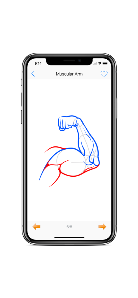 Draw Human Body - Hair Style - Step-by-step mobile app tutorial showing how to draw a muscular arm with blue and red outlines.