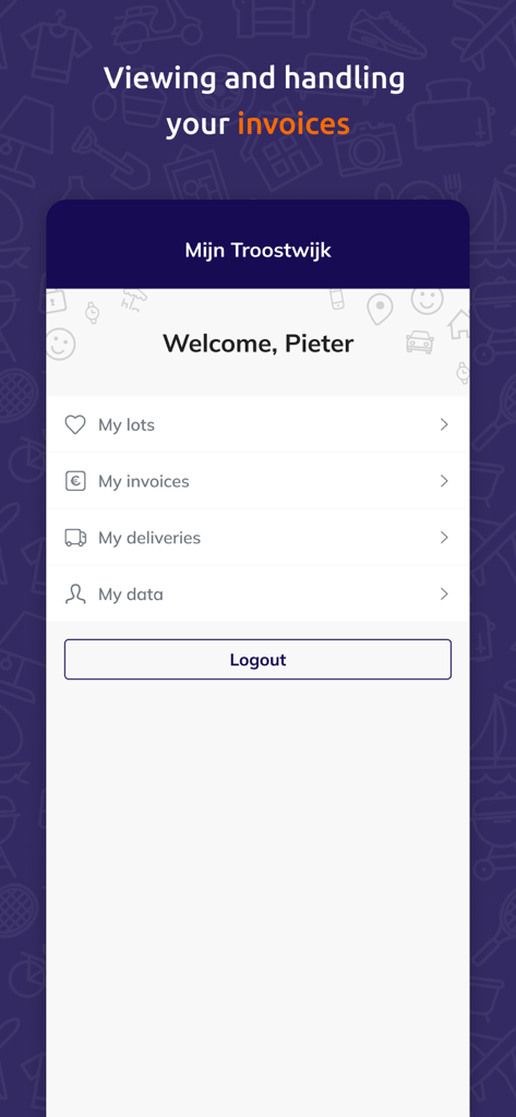 Troostwijk Auctions app interface showing user account options including invoices, lots, and deliveries