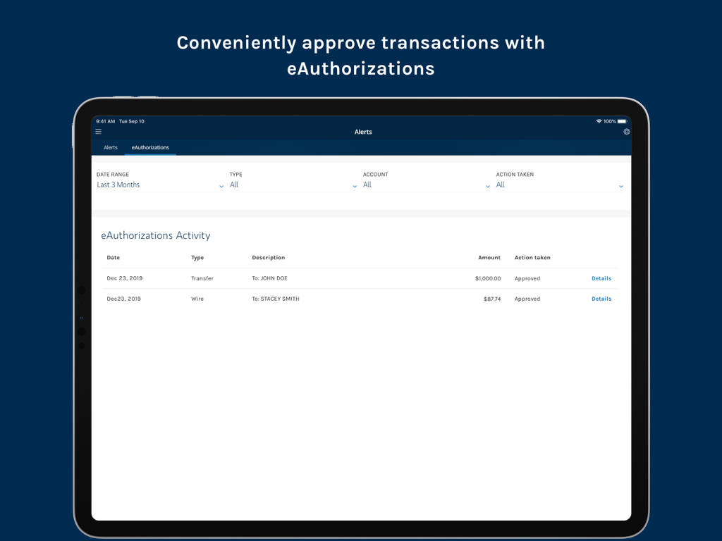 Morgan Stanley Wealth – Tablet - Morgan Stanley Wealth tablet app screen displaying eAuthorizations activity with a list of approved transfers and wires.