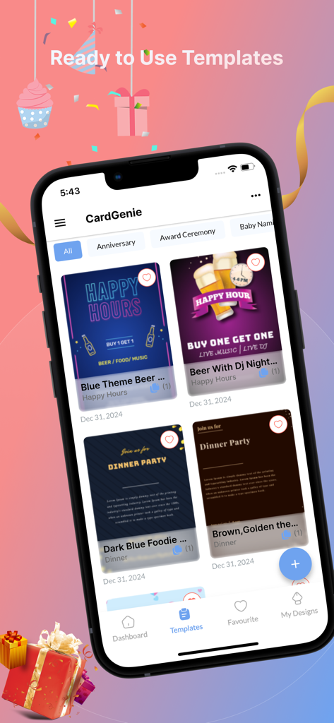 Invitation Design & Card Maker - Mobile app interface of CardGenie showing various ready to use invitation templates for social events and dinner parties