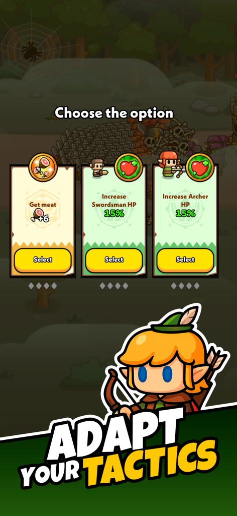 Tiny Warriors Rush - Idle TD - A screen in Tiny Warriors Rush showing roguelike card choices to upgrade units during battle