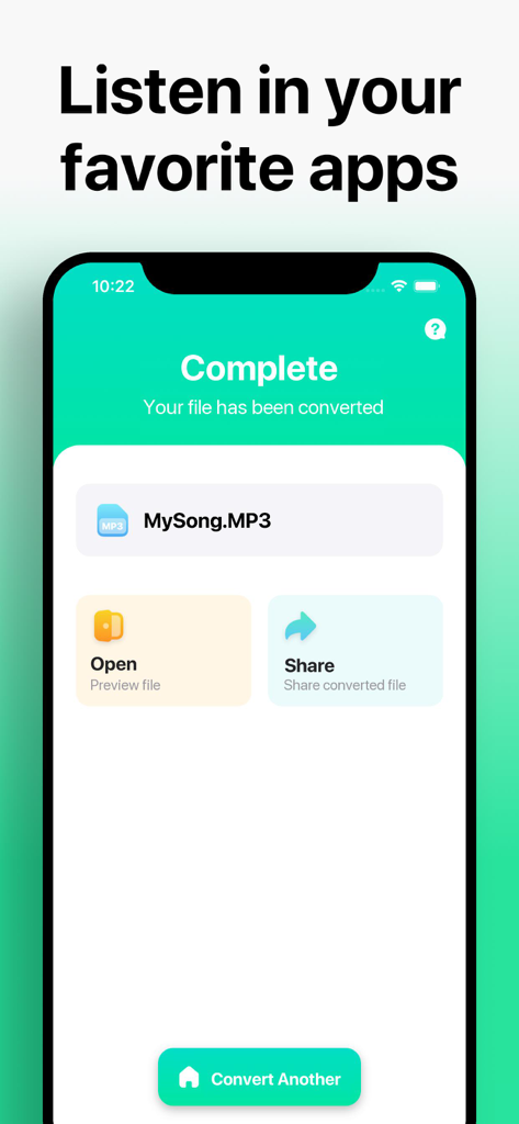 Una captura de pantalla de la interfaz de la aplicación El Convertidor de Audio mostrando una conversión exitosa a MP3 con opciones para abrir o compartir el archivo.