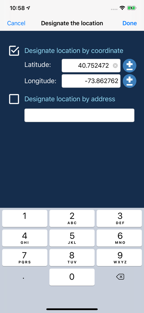 User interface for entering latitude and longitude coordinates manually in the iLocation app