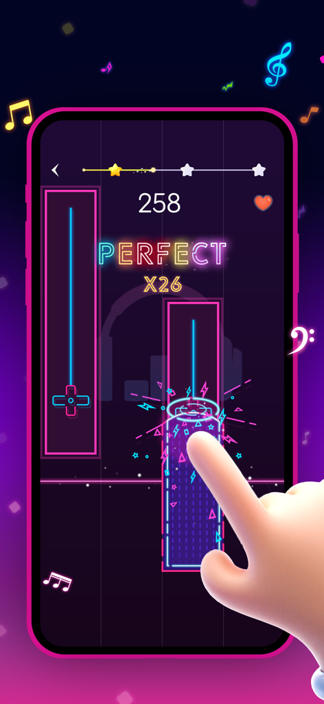 Beat Piano Dance:music game - Gameplay screenshot of Beat Piano Dance showing a player tapping neon rhythm tiles on a smartphone