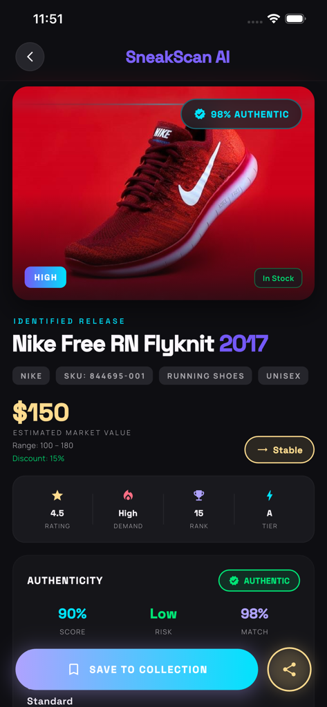 AI shoe identification details for Nike Free RN Flyknit showing market value and authenticity score