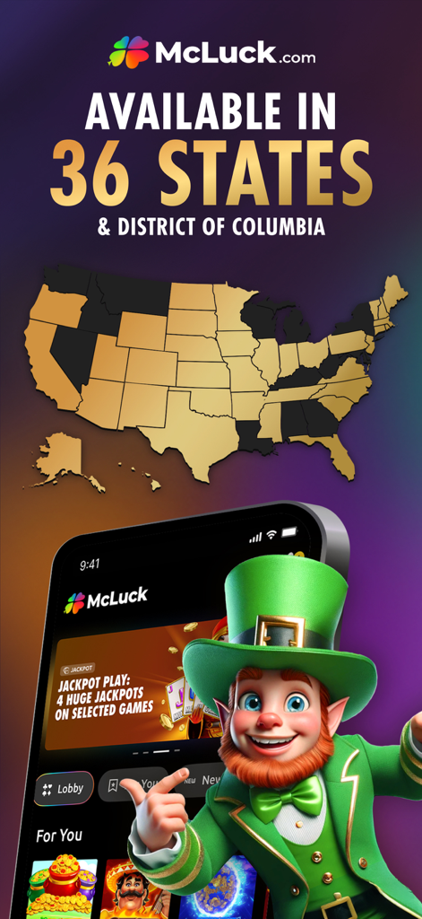 McLuck Casino availability map showing 36 US states and the leprechaun mascot.