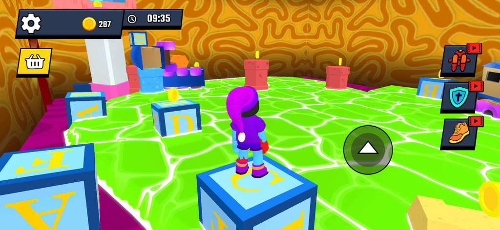 Escape from Dungeon World - A character in a purple hat standing on alphabet blocks over a glowing green floor in a dungeon puzzle level