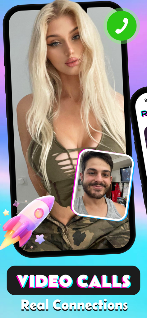 Roof: Live Video Chat & Girls - Captura de pantalla de la aplicación Roof que muestra un chat de video en vivo entre un joven y una mujer con un gráfico de cohete y el texto Conexiones reales