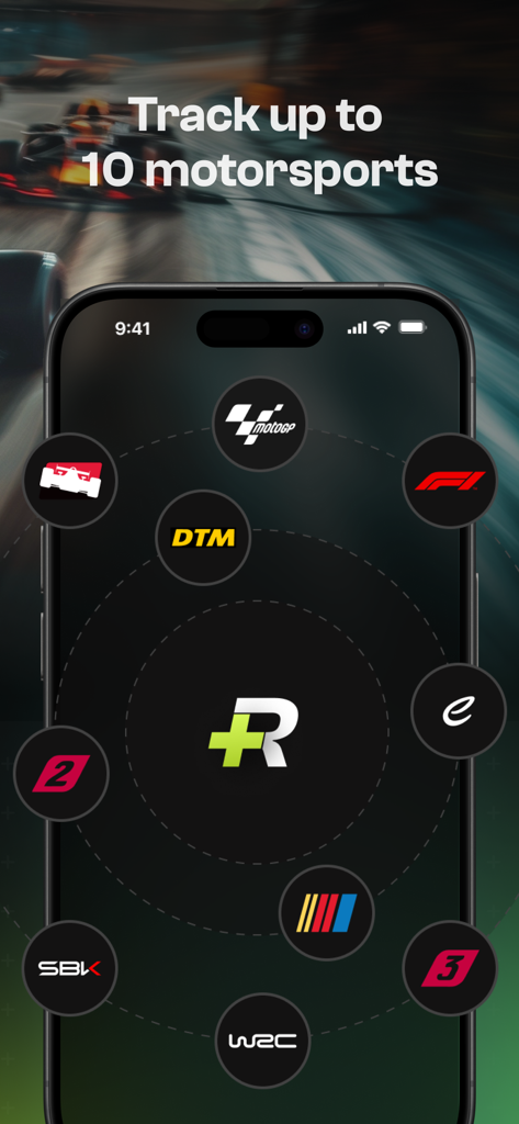 Raceboard - Racing Widgets - A smartphone displaying the Raceboard app home screen featuring logos of ten different motorsports like F1, MotoGP, and NASCAR arranged around a central logo.