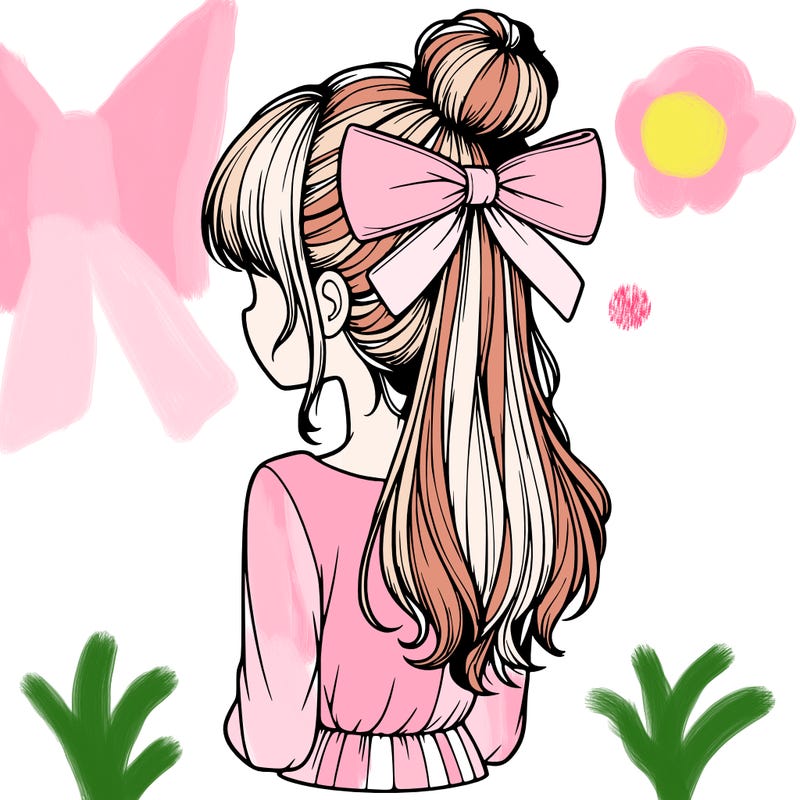 realistic girl  with hip length hair a bun and a big bow on the back of head