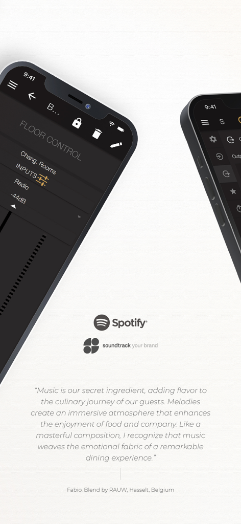 AUDAC Touch 2 mobile app interface showing floor audio control settings and Spotify integration with a professional testimonial