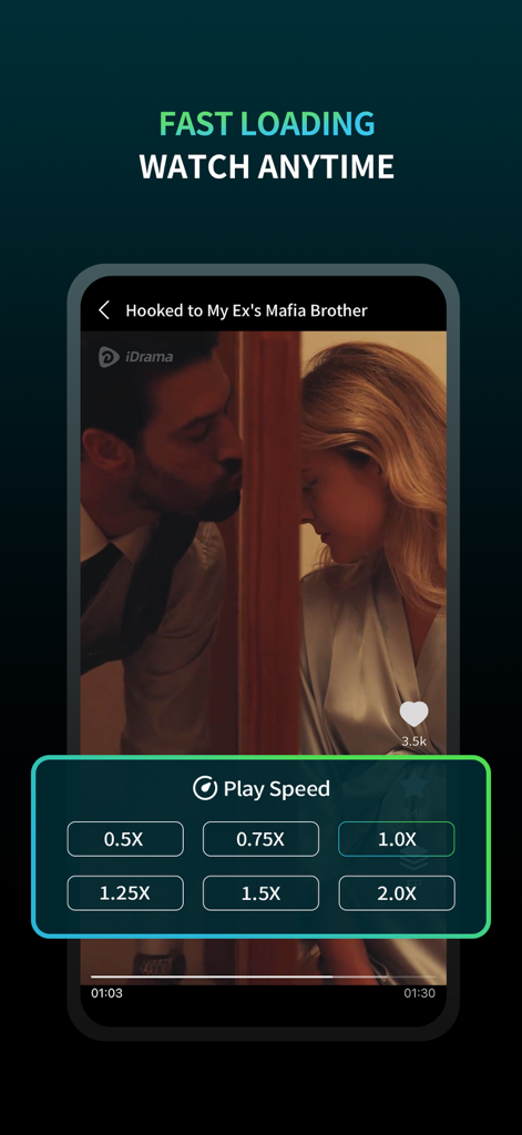 iDrama app interface showing playback speed settings for a short-form vertical drama
