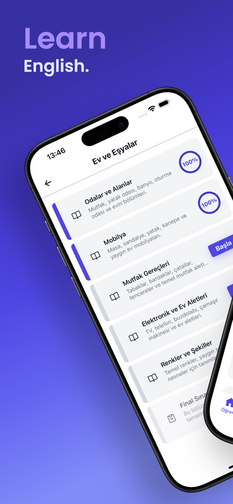 Learn English by FluenTech - Interfaz de la aplicación Learn English by FluenTech que muestra categorías de lecciones de vocabulario para artículos del hogar y muebles.