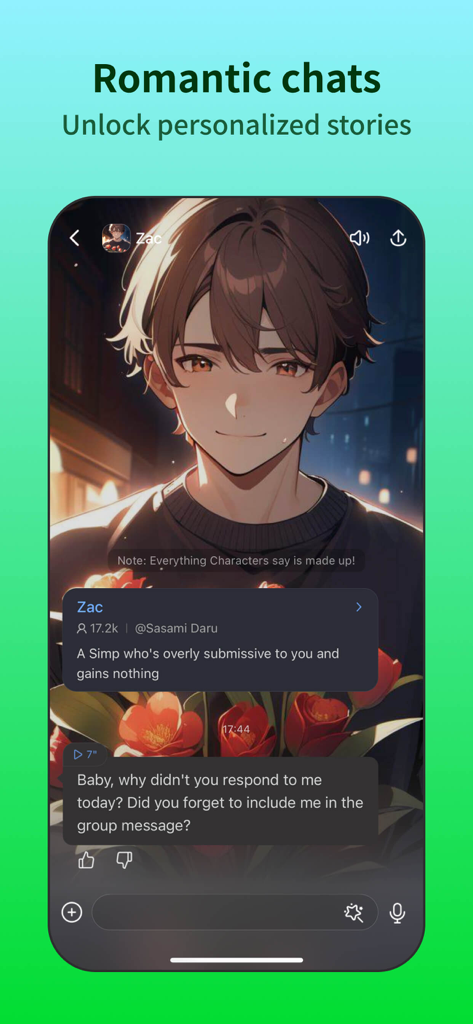 A mobile interface showing a romantic chat with an anime character named Zac in the Hi AI app.