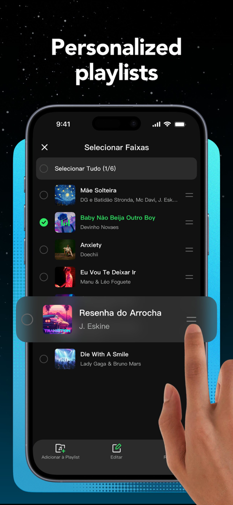 Offline Music Player & MP3 AAC - User selecting songs to create a personalized playlist in the offline music player app