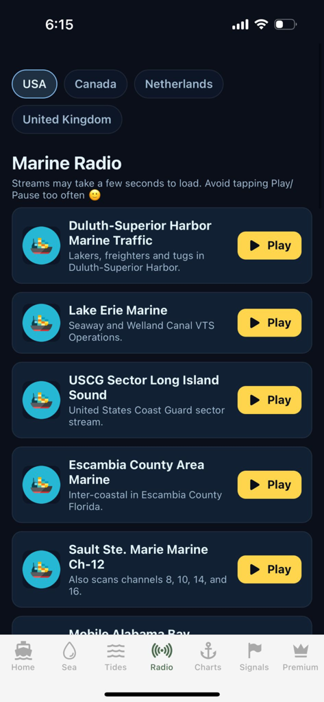 A list of live marine radio channels and harbor traffic streams in the app.