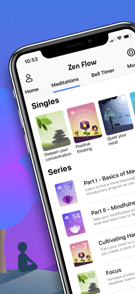 Zen Flow - Meditate Now - Interface of the Zen Flow app showing various meditation singles and guided series programs.