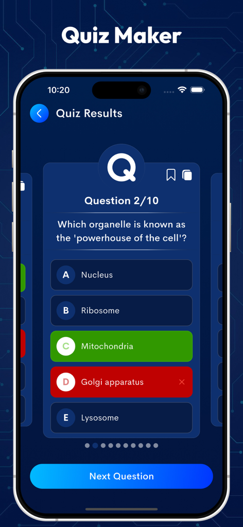 Questions Generator - AI Quiz - AI Quiz Generator mobile interface showing a biology multiple choice question with correct and incorrect answers highlighted