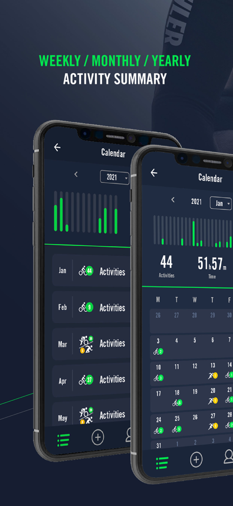 Bryton Active app calendar view showing weekly and monthly cycling activity summaries