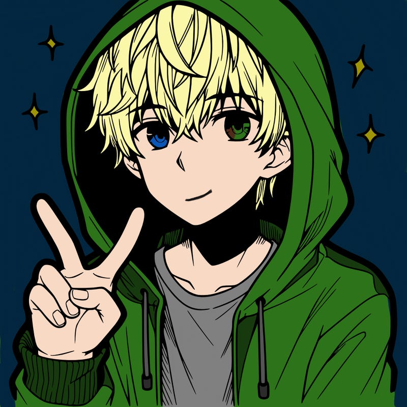 teenage manga boy in a hoodie, doing ✌