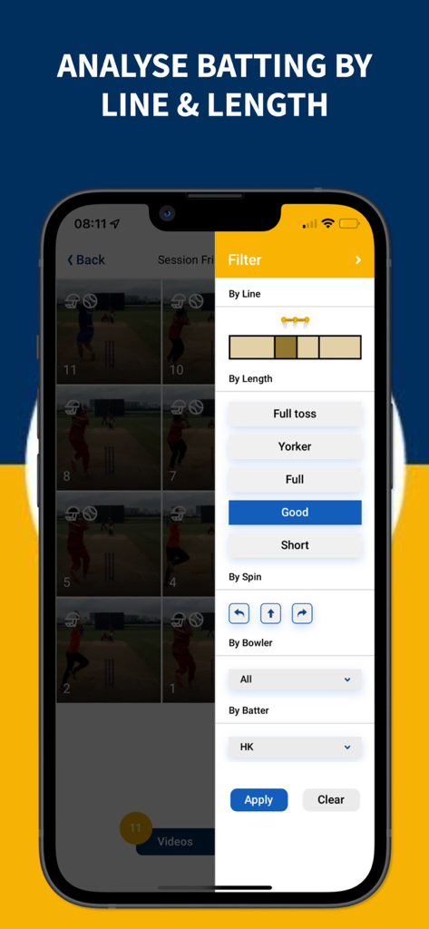 A screenshot of the Fulltrack AI app showing a filter menu to analyze cricket batting by ball line and length