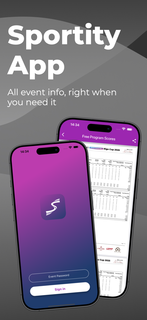 Sportity - Sportity app interface showing login screen and sports event results on two mobile phones.