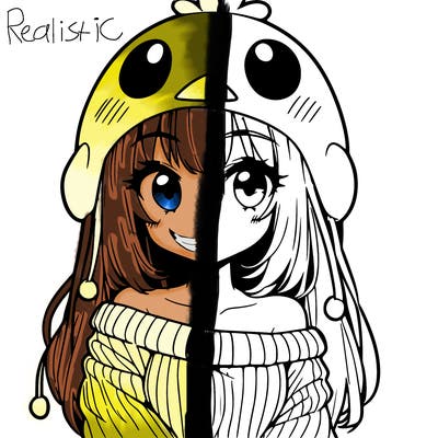 anime girl with chick shaped hat with sweater with bare shoulders with bangs covering them one eye with low tail