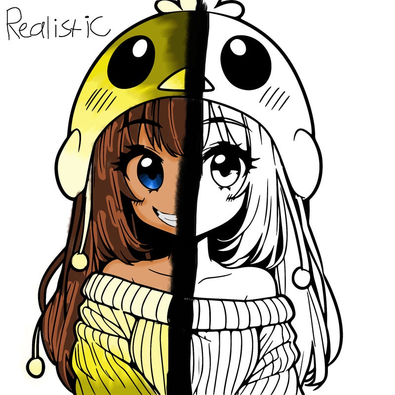 anime girl with chick shaped hat with sweater with bare shoulders with bangs covering them one eye with low tail