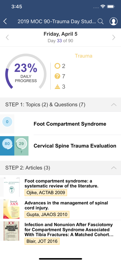 A mobile interface of the Bullets app displaying a daily study plan dashboard for orthopedic trauma with progress tracking and medical articles.
