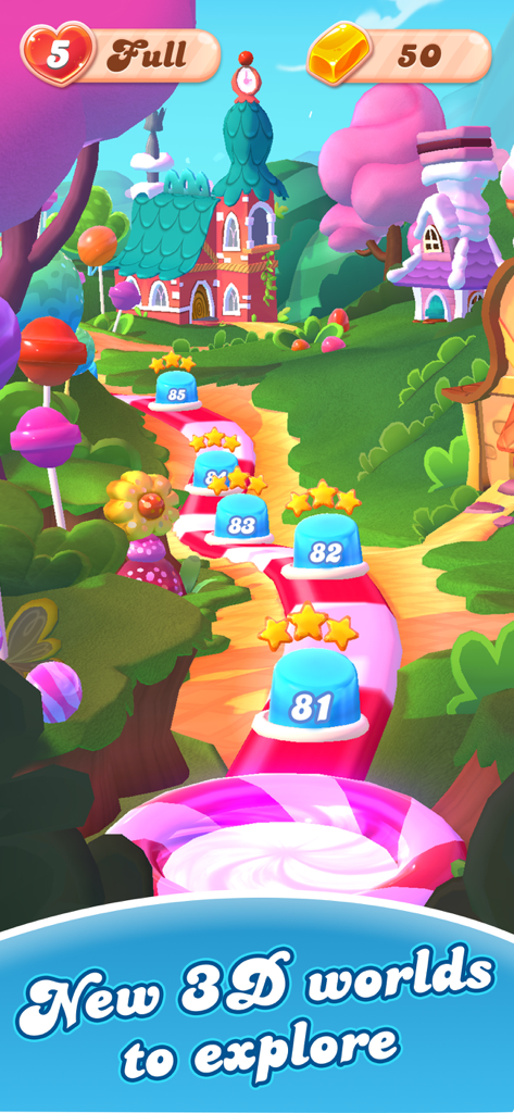 Mapa de progresión de niveles que muestra nuevos mundos en 3D en Candy Crush Friends Saga