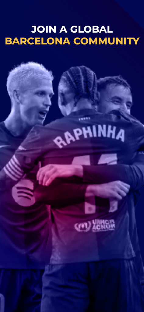 Barcelona Live - For Barca Fan - FC Barcelona players celebrating a goal with text promoting a global fan community