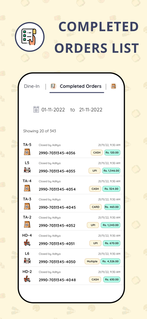 Mobile app screen showing a list of completed restaurant orders with payment status and order details