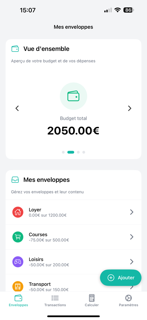 Cash Stuffing - Mobile app interface showing a virtual envelope budgeting dashboard with categories for rent, groceries, and leisure