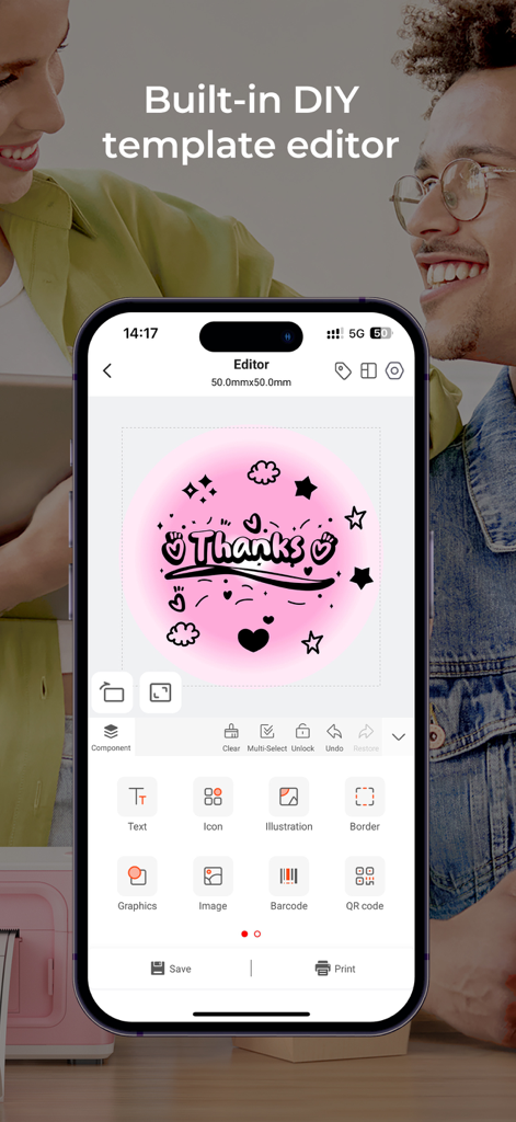 Munbyn Print - Munbyn Print mobile app showing the built-in DIY template editor for creating custom labels.