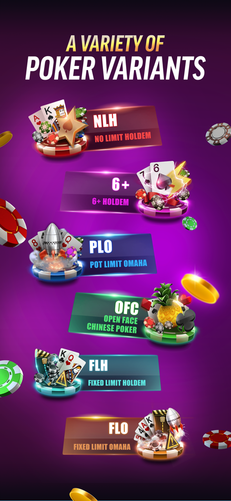 Una variedad de variantes de póker disponibles en la aplicación PokerBROS