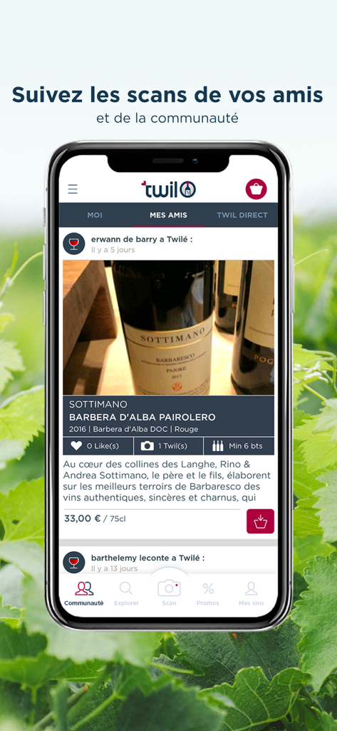 Interface do aplicativo TWIL mostrando o feed da comunidade com escaneamentos sociais de vinhos e detalhes das garrafas