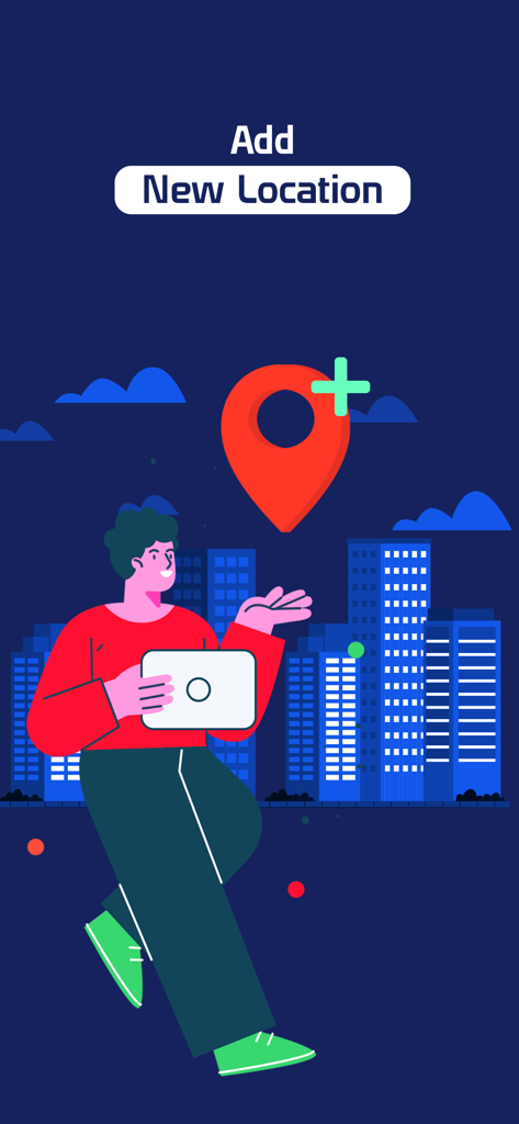 Findup: Phone Location Tracker - Ilustración de una persona agregando una nueva ubicación en el mapa en la aplicación rastreadora de teléfonos Findup con edificios de la ciudad al fondo