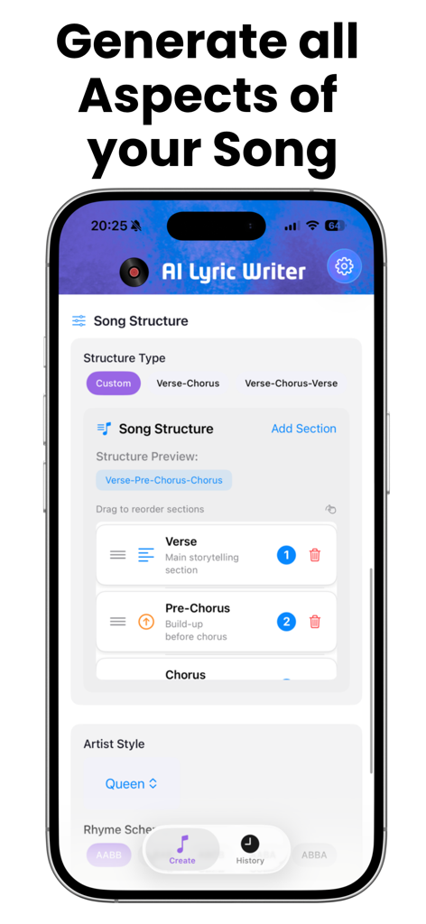 AI Song Lyric Writer Generator - Oberfläche der KI-Songtext-Generator-App, die anpassbare Songstrukturen und Künstlerstile zeigt.